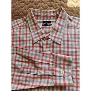 GAP Classic Fit Men's Red Gray White Plaid Long Sleeve Dress Cotton Shirt, XXL